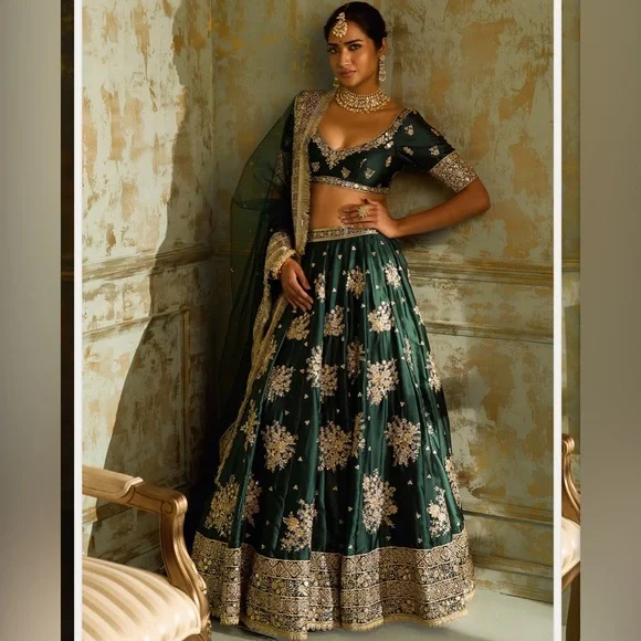 NWT Dark Green and Gold Detail Lehenga Choli set from Lashkaraa (XXS) - Picture 4 of 6